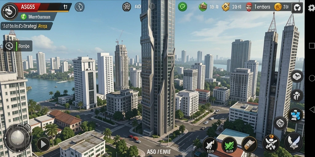 Screenshot utama ASG55 yang menunjukkan pertahanan menara yang strategis.