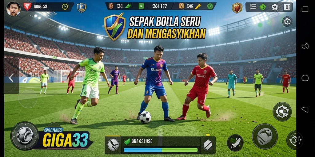 Screenshot gameplay <strong>GIGA33</strong> yang menunjukkan aksi sepak bola yang mendebarkan.