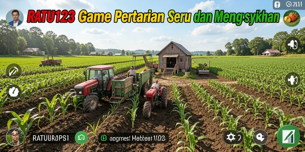 Tampilan screenshot gameplay <strong>RATU123</strong> menampilkan kebun yang subur dan hewan ternak yang sehat.