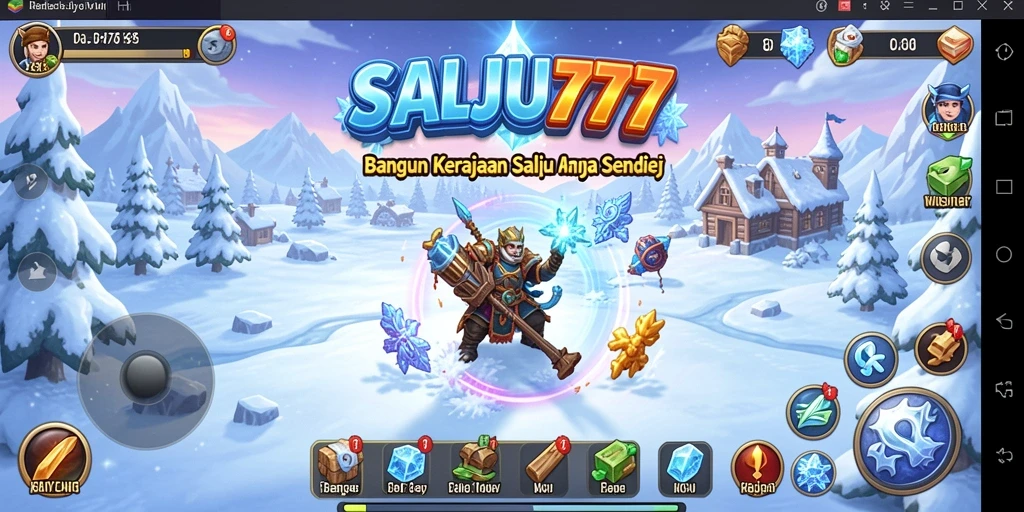 Tampilan permainan SALJU777 dengan pembangunan kerajaan salju.