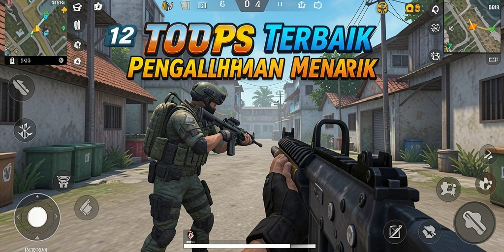 Screenshot utama TOTO12 menampilkan aksi tembak-menembak yang intens di medan perang.