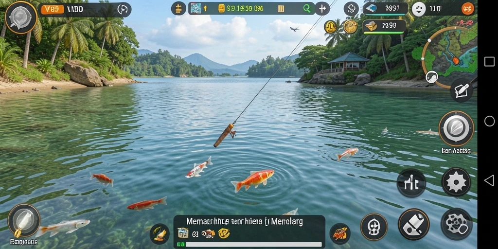 Skrinsut V89 menampilkan pemain asyik menangkap ikan di laut.